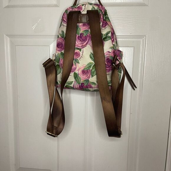 Juicy Couture Nylon mauve roses and green leaf prints mini backpack brown trims. - Picture 4 of 14